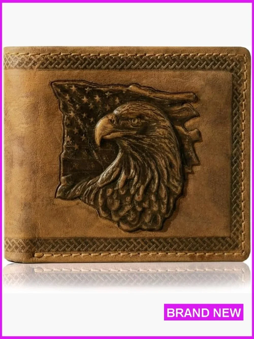 Men's Bifold Leather Wallet RFID Protection Vintage Tan Eagle Flag Design
